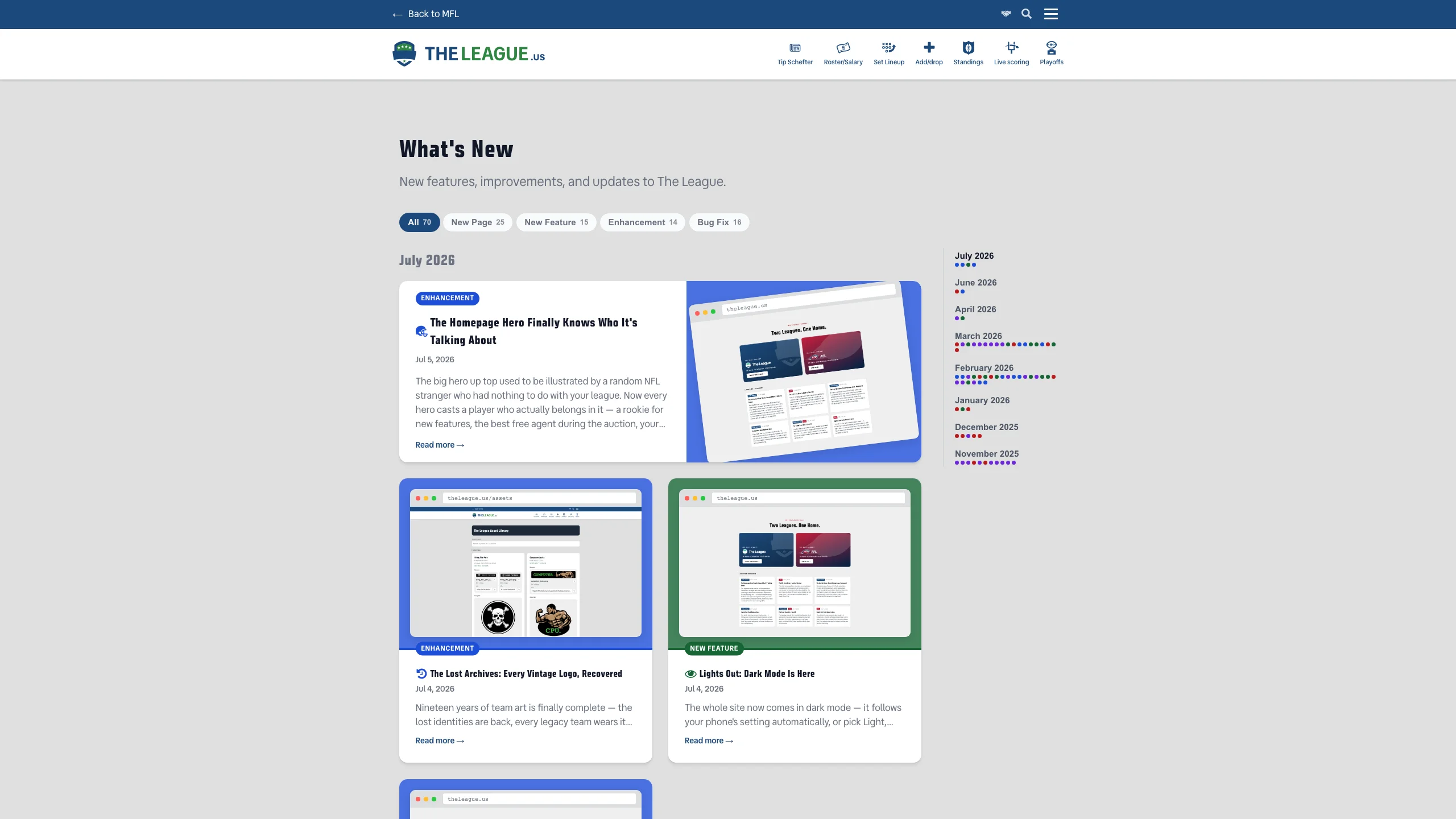 What's New page with category filter tabs, featured entry cards, and timeline sidebar